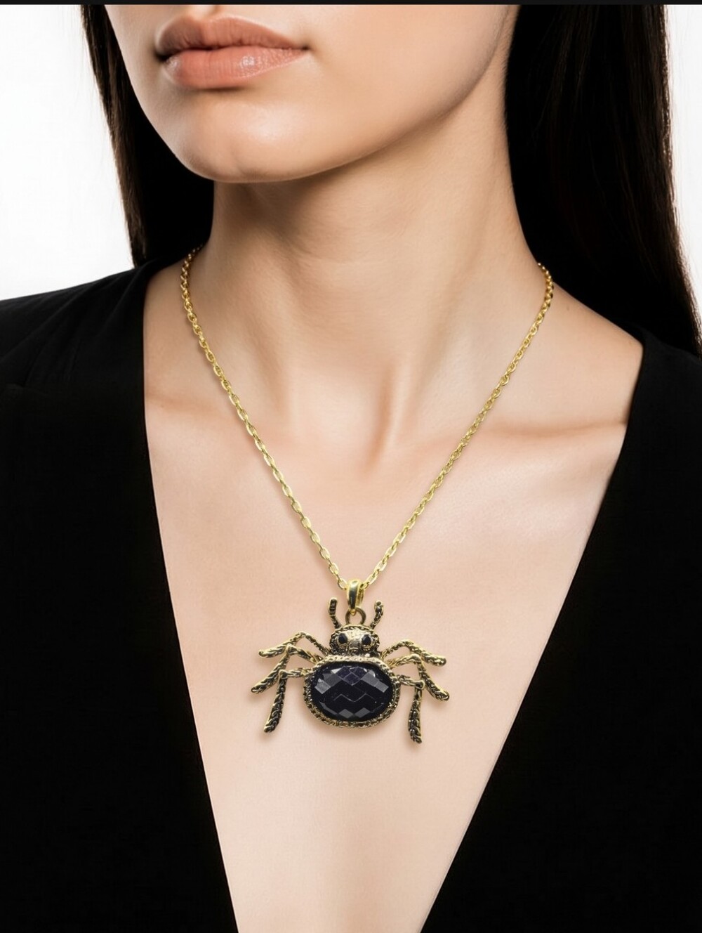 Gold Spider Pendant Necklace with Black Gemstone